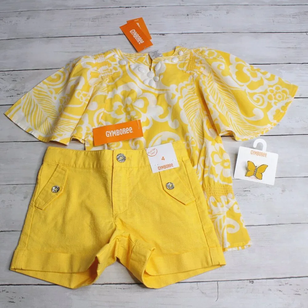 Gymboree Vintage Girl's Top Shorts Ring Size 4 Yellow Geo Collection Lot